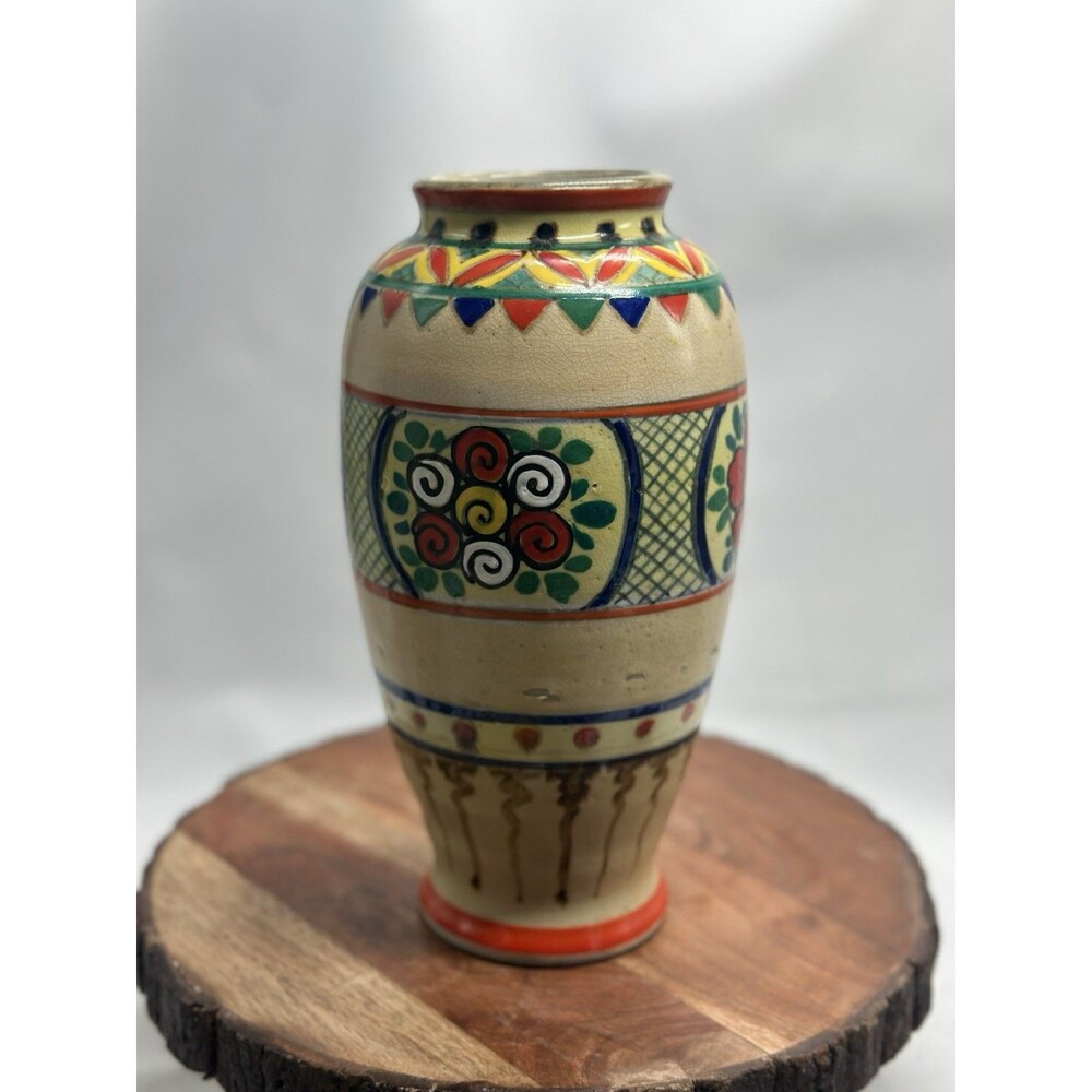 Folk Art Bright Vase Hand Painted Floral Clay Pottery